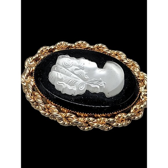 Black & Frosted Glass Cameo Brooch Gold Tone Vintage Victorian Lady Pin - Picture 13 of 14